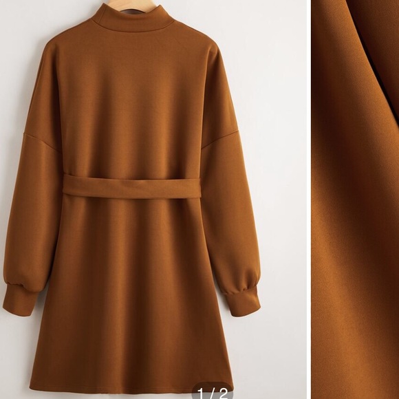 Mock-Neck Drop Shoulder Buckle Belted Dress - Picture 2 of 5